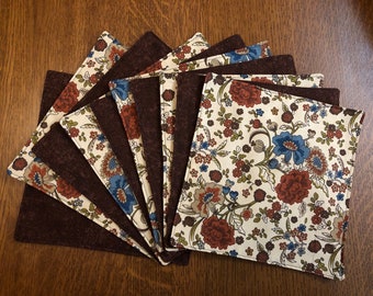 Lunchbox Napkins, Blue and Brown Floral, Cloth 2-ply, Set of 10, Zero Waste,