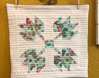 Maple Leaf Mini Quilt: Spring Bluebirds Calico Patchwork, 13x12