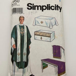 May include: A Simplicity sewing pattern envelope, number 7950, featuring illustrations of liturgical vestments and altar linens. The package displays a green and white chasuble, an altar cloth, a chalice veil, and a purple table runner with gold fringe.