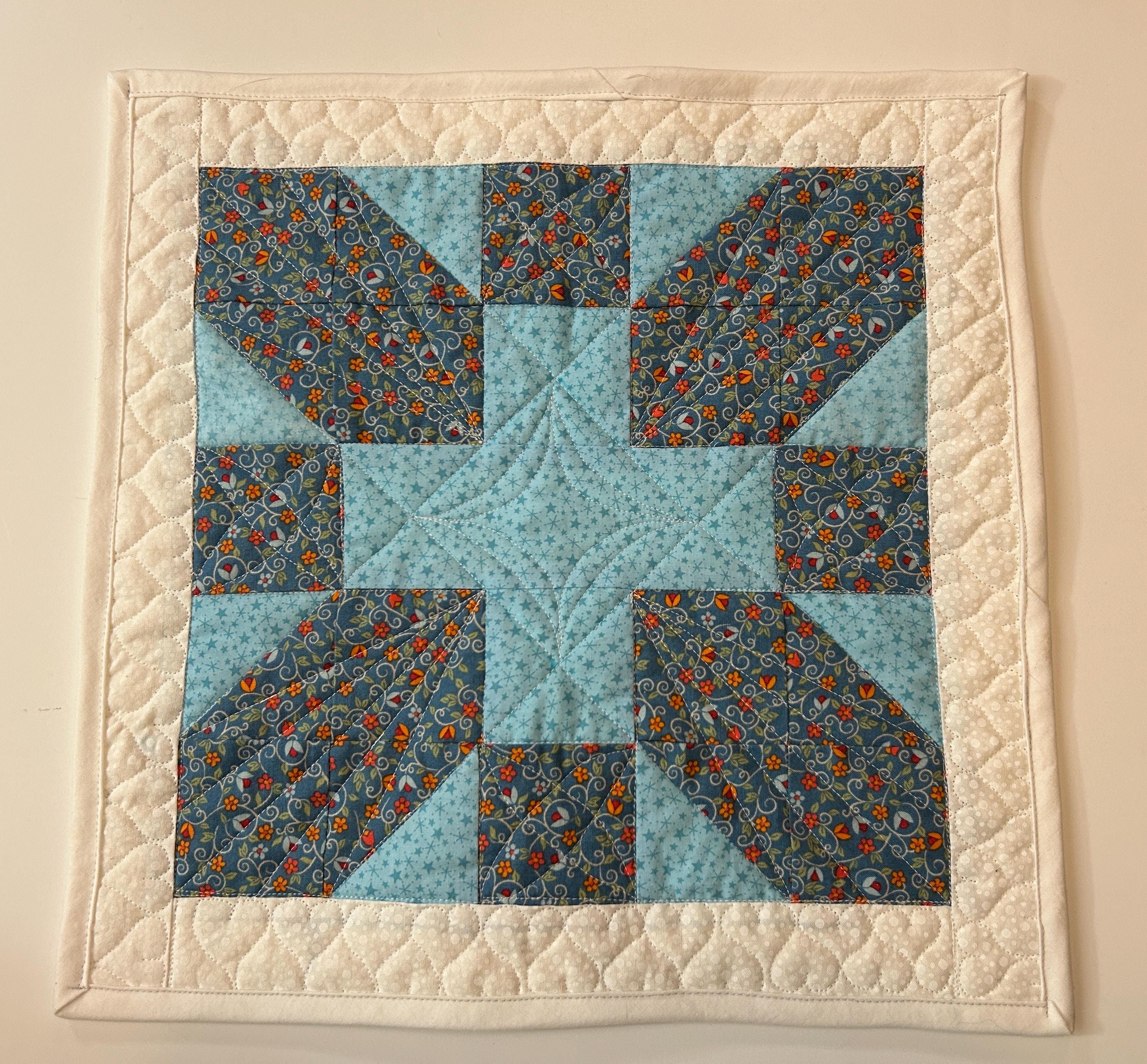 Friendship Star Mini Quilt: Blue Calico Patchwork, 15 inch Display Quilt