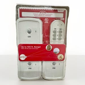May include: A package containing a 3-pack of wireless outlets with a remote control. The outlets are white and labeled CH1, CH2, and CH3. The remote has on/off buttons and numbered buttons. The package reads "Up to 100 ft. Range!"