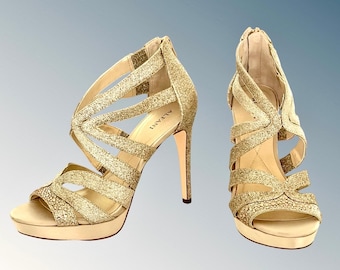 Alfani Cymball Womens Gold Glitter Strappy  Stiletto Open Toe Heels Size 7M