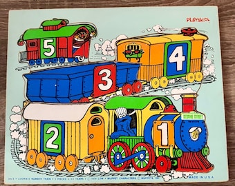 Quebra-cabeça de madeira Playskool Sesame Street Cookie Monster Number Train, 5 peças, 1974
