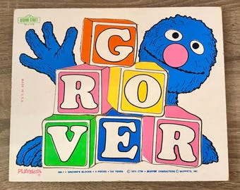 Blocos de montar vintage da Playskool, Vila Sésamo, Grover, 1974, fabricados nos EUA.
