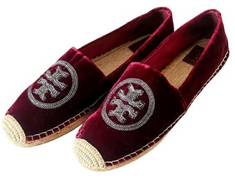 Tory Burch Poppy Metallic Logo Velvet Espadrilles Burgundy Wine 10.5 M 5585