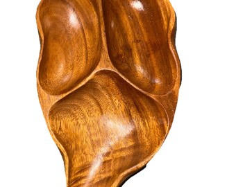 Vntg monkey pod wood leaf shape divided tray hand made philippines