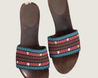 Gucci Wooden Wedge Sandal Mules Studded Canvas W-7.5 141555 Rare VTG Used Italy
