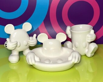Disney Mickey Mouse White/ Ivory Bathroom Vanity Set - Soap, Cup & Brush *READ*