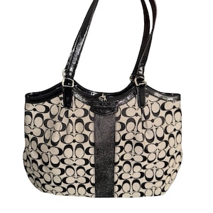 Coach Signature authentieke canvas draagtas zwart grijze glitterstreep F28503