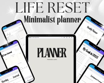 Puede incluir: Un planificador digital con el texto "ULTIMATE LIFE RESET Minimalist planner" y "PLANNER PERSONAL DIARY". Varios teléfonos inteligentes y una tableta muestran páginas del planificador, incluyendo "Monthly Planner" y "My Goals in 2025".