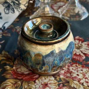 Handmade Lidded Ceramic Trinket Dish Blue Green Pottery With Lid Keepsake Jar Gift for Dad Small Pottery Jar Earthy Home Decor Boho Cottage