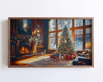 May include: A framed painting depicting a festive Christmas scene. A decorated tree is in front of a large window with a snowy view. A fireplace with stockings and a lit fire is on the left side of the room.