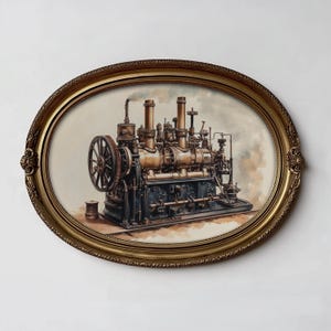 May include: An oval print depicting a vintage steam engine, framed in gold. The artwork features a sepia-toned illustration of the engine with brass and black components. The frame's ornate design complements the antique theme, showcasing the engine's mechanics.