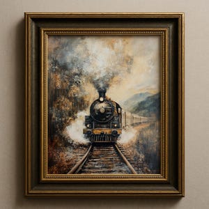 May include: A framed painting depicts a vintage steam train traveling on tracks through a landscape. The train is black and gold, with white smoke billowing from its smokestack. The artwork is in a gold and dark green frame.