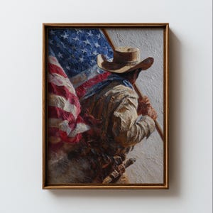Può includere: Dipinto a olio in cornice di una persona con cappello da cowboy che tiene la bandiera americana. Sono visibili le strisce rosse e bianche e il campo blu con le stelle della bandiera. L'opera è incorniciata.