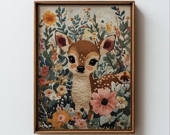 Vintage Deer Nursery Art Print, Cottagecore Floral Decor (Digital Download)