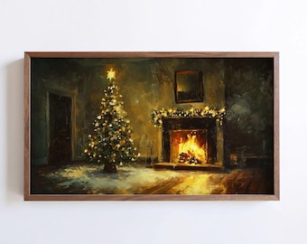 May include: A framed painting of a Christmas scene. A decorated Christmas tree with a star topper stands near a fireplace with a glowing fire. The room is dimly lit with warm tones, creating a festive atmosphere.