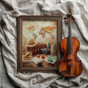 Impresión de mapa del mundo vintage de viaje, maleta con cámara retro (descarga digital)