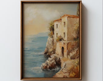 Impresión vintage de paisaje marino europeo: Arte mural de una casa de campo (descarga digital)
