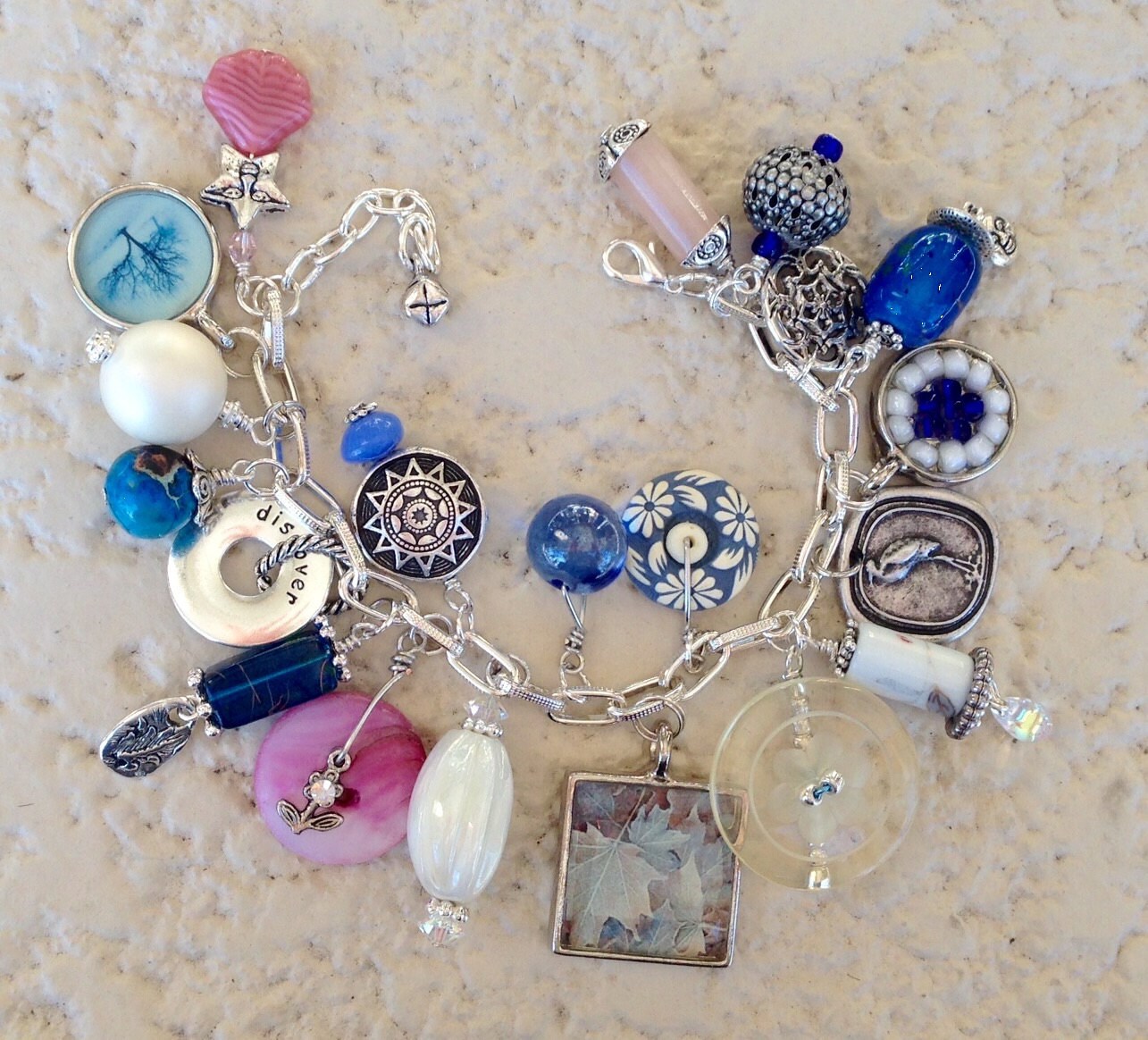 Charm Bracelet Beaded Buttons Resin Pendants Shell Pearl Blue | Etsy