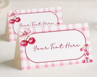 Cherry First Birthday Food Labels | Editable Girl Party Buffet Tent Cards | Printable Sweet One Tags | Canva Digital Template cfbp25