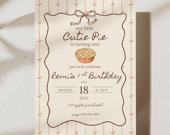 Cutie Pie First Birthday Invitation Editable Template | Digital 1st Birthday Invite | Girl Birthday Canva Template | Instant Download cpfb25