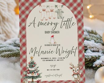 May include: A Christmas-themed baby shower invitation with a red and white plaid border. The invitation features the text "A merry little baby shower" and includes a Christmas tree, reindeer, and baby clothes illustrations.