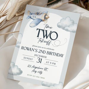 Time Two Takeoff Second Birthday Invitation Template | Airplane 2nd Birthday Invite | Editable Canva 5x7 Digital Invite