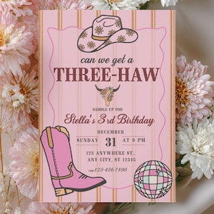 Three-Haw Retro 3rd Birthday Invitation • Editable 5x7 Canva Template with Optional Back • Western Cowboy Third Birthday Party Invite
