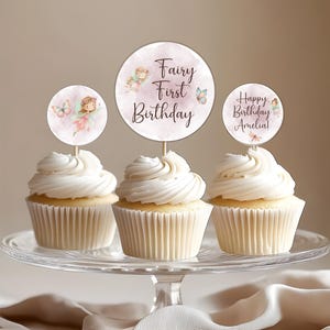 Fairy First Birthday Cupcake Toppers: Pink Woodland, Editable Canva Template (2&quot; Circle, Digital Download)