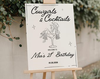 Letrero de bienvenida para el 21.º cumpleaños de vaquera: decoración de fiesta del oeste (plantilla Canva de 18 x 24, descarga digital)