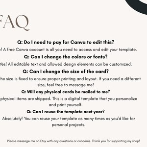 May include: A beige FAQ sheet with black and brown decorative elements. The text includes questions about editing a template in Canva, changing colors and fonts, card size, physical cards, and template reuse.