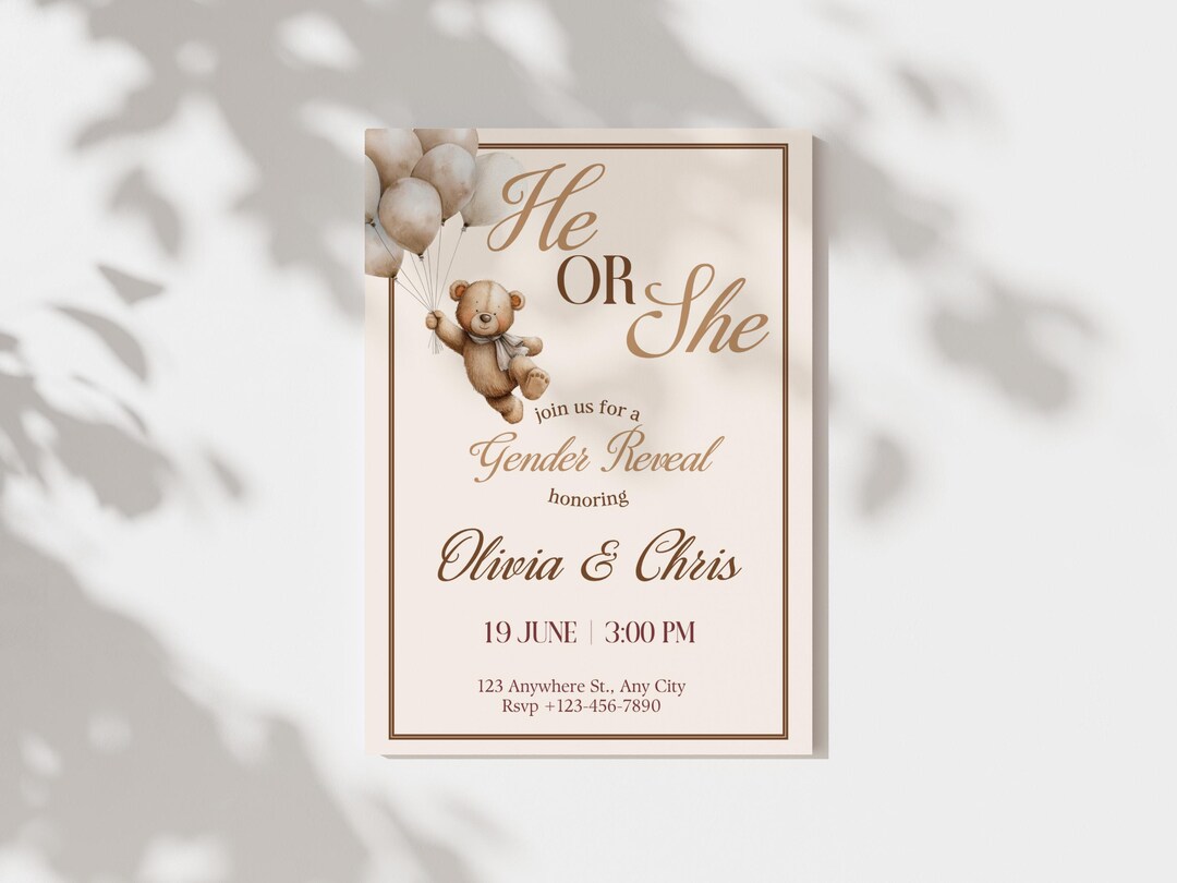 Neutral Bear He or She Gender Reveal Invitation Template | Editable ...