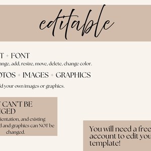 Puede incluir: Gr&aacute;fico beige con la palabra "editable" en fuente cursiva. El texto a continuaci&oacute;n detalla las opciones para editar texto, fuentes, fotos, im&aacute;genes y gr&aacute;ficos. Texto adicional explica lo que no se puede cambiar y menciona una cuenta gratuita de Canva.