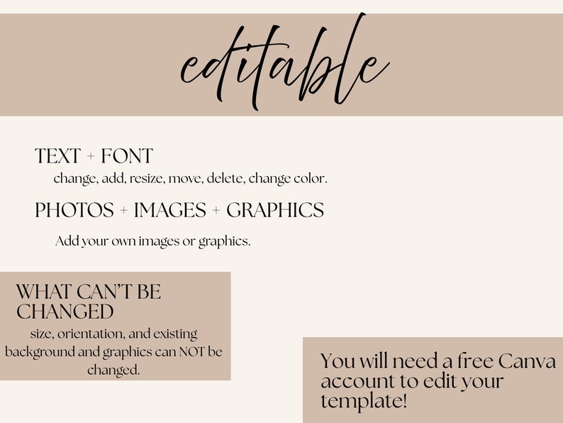 Puede incluir: Gr&aacute;fico beige con la palabra "editable" en fuente cursiva. El texto a continuaci&oacute;n detalla las opciones para editar texto, fuentes, fotos, im&aacute;genes y gr&aacute;ficos. Texto adicional explica lo que no se puede cambiar y menciona una cuenta gratuita de Canva.