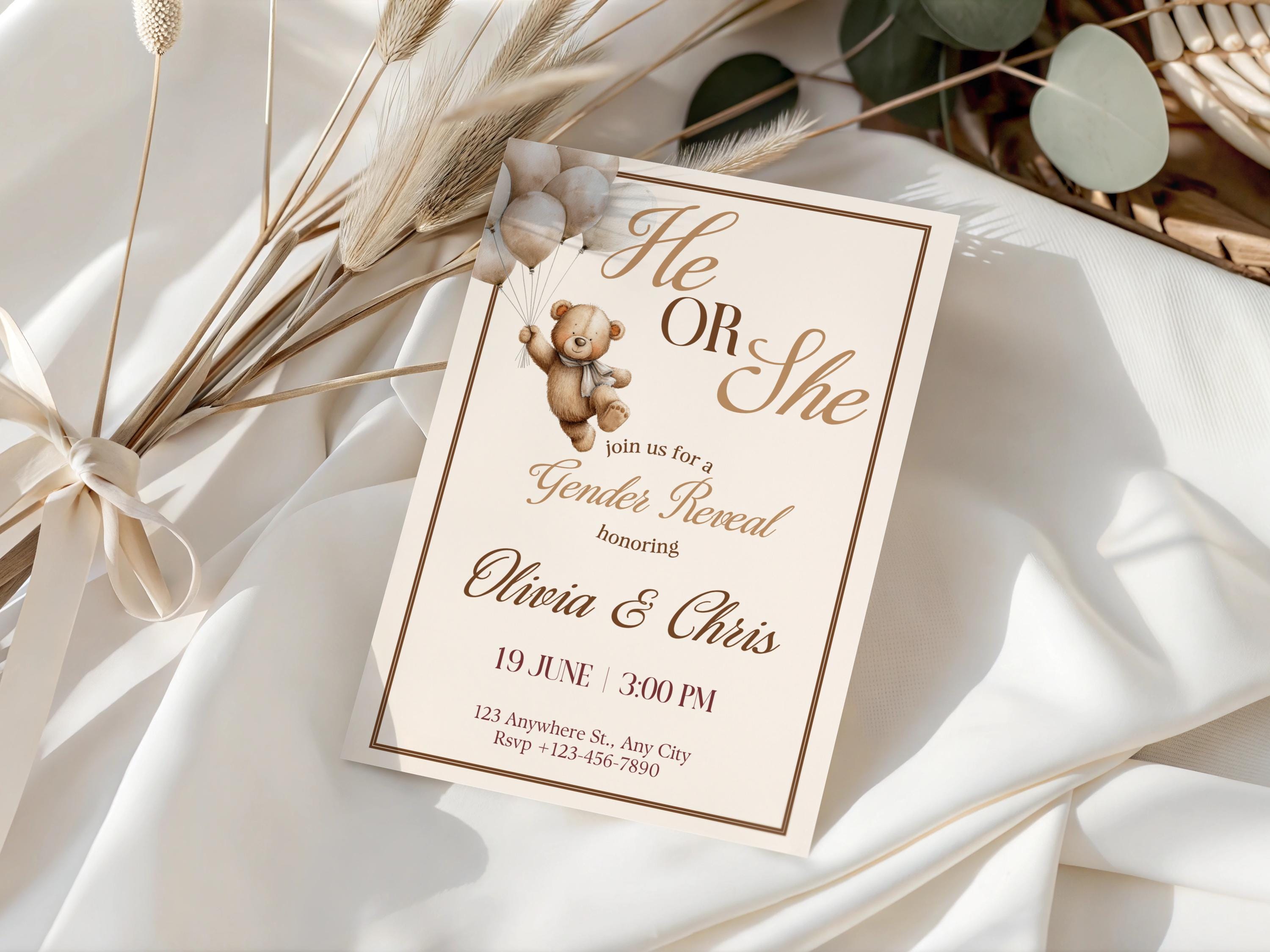 Neutral Bear He or She Gender Reveal Invitation Template | Editable ...