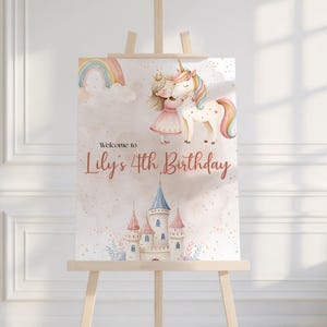 Unicorn 4th Birthday Welcome Sign: Pastel Rainbow, Editable Canva Template (18x24&quot; Portrait) FM25