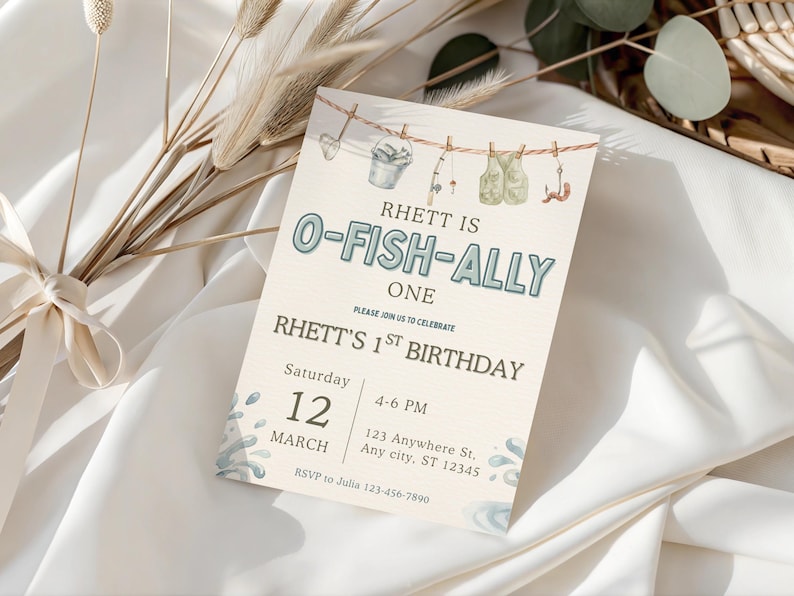 Ofishally ONE First Birthday Invitation Template 5x7, Fishing Theme ...