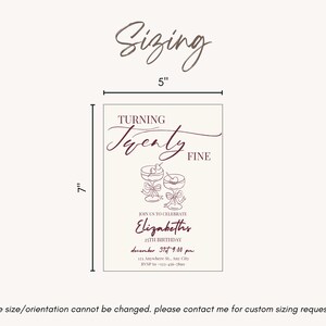 Puede incluir: Tarjeta de invitaci&oacute;n rectangular de 12,7 cm de ancho y 17,8 cm de alto, con la frase "Turning Twenty Fine". La tarjeta incluye detalles para una fiesta de cumplea&ntilde;os, con dos ilustraciones de c&oacute;cteles. El texto est&aacute; en una fuente cursiva.