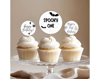 Adornos espeluznantes para cupcakes de un cumpleaños: Plantilla editable de Canva de 7,6 cm (descarga digital)