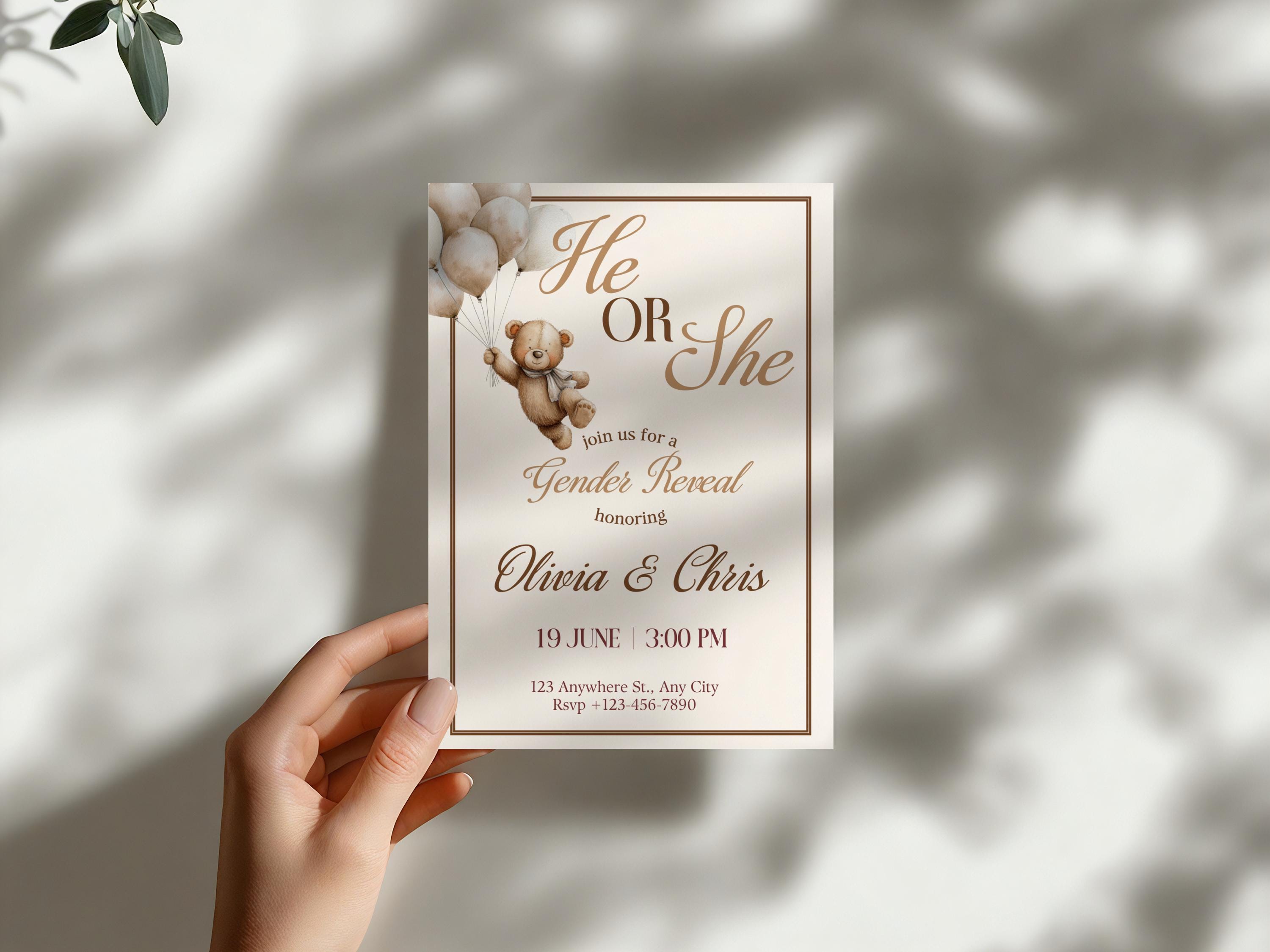 Neutral Bear He or She Gender Reveal Invitation Template | Editable ...