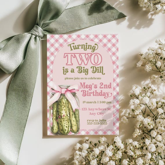 Turning Two Is a Big Dill Birthday Invitation | Pickle Birthday Party Invite | Editable Canva Template | Funny Birthday Invite