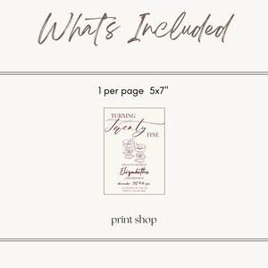 Puede incluir: Un dise&ntilde;o de invitaci&oacute;n color crema con el texto &laquo;What's Included&raquo; en la parte superior. La invitaci&oacute;n mide 12,7 x 17,8 cm y presenta las palabras &laquo;Turning Twenty Fine&raquo; y los detalles del evento. Las palabras &laquo;print shop&raquo; est&aacute;n en la parte inferior.