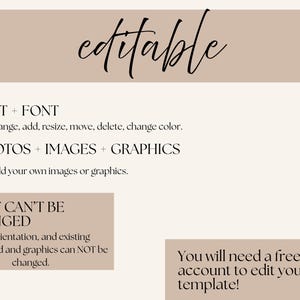 May include: A beige graphic with the word "editable" in a cursive font. Text below details options for editing text, fonts, photos, images, and graphics. Additional text explains what cannot be changed and mentions a free Canva account.