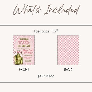 May include: A pink and white gingham-patterned invitation design for a second birthday. The front features a pickle jar illustration with text that reads "Turning Two is a Big Dill." The back has a matching gingham pattern.