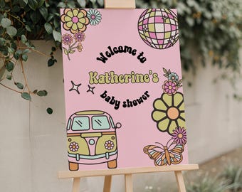 Groovy Baby Shower Welcome Sign: Retro 70s Design (18x24" Editable Canva Template Digital Download ) gbbs25