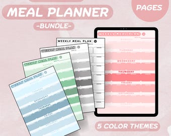 Digital Meal Prep Planner Bundle: Weekly Recipes, Groceries, Fitness (Hyperlinked PDF, 5 Themes