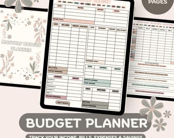 May include: A digital budget planner on a tablet, showing a monthly budget layout with sections for income, expenses, and savings. The text "January Budget" is visible, along with the words "Track Your Income, Bills, Expenses & Savings". The planner is undated and printable.
