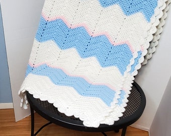 Blue and White Hand Crocheted BABY Afghan 46" x 38"