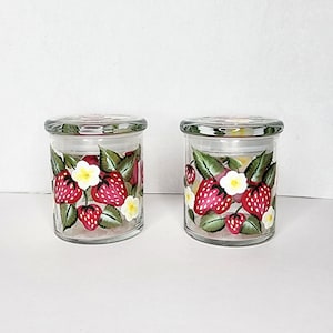 Hand Painted Strawberry Lidded Jars Set of Two, Cannisters, Storage Containers, Kitchen Storage